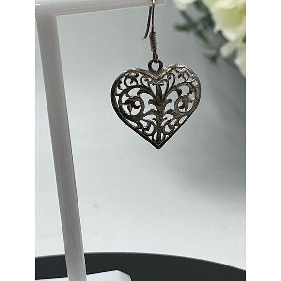 Vintage Signed Estate Hammered 925 Sterling Silver Filigree Heart Shaped Dangle - Picture 7 of 8